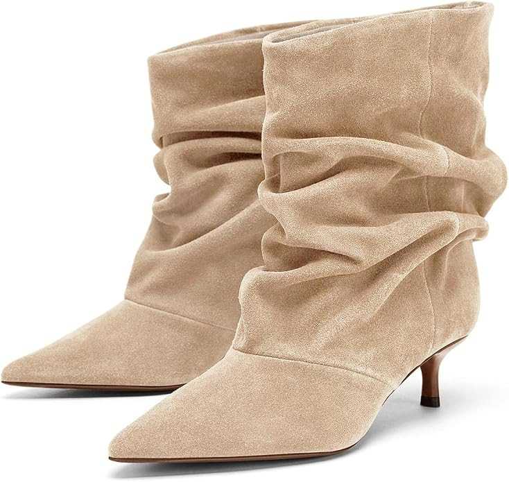 Coutgo Womens Slouchy Ankle Boots Kitten Heel Pointed Toe Pull On Booties | Amazon (US)
