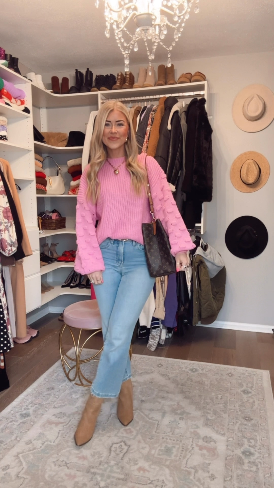 Pink sweater // Good American jeans // Nude point toe Amazon booties // Early spring outfit // Affordable fashion // Light wash jeans // Cropped jeans 

#LTKootd