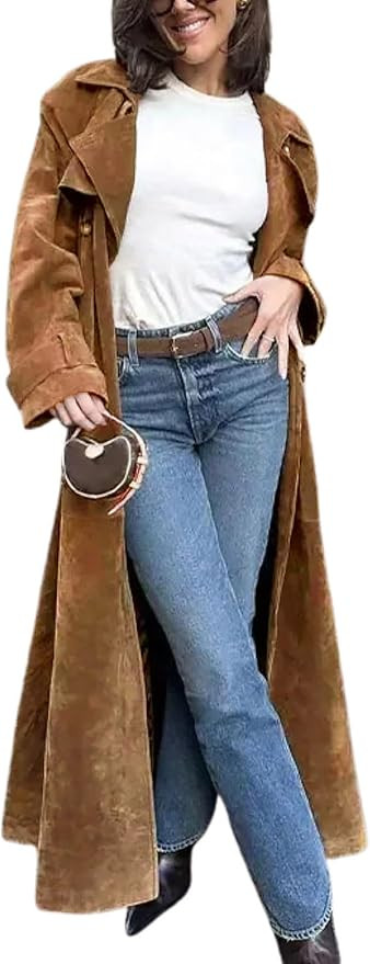 Womens Faux Suede Long Trench Coat Notched Lapel Double Breasted Pea Coat Overcoat with Belt | Amazon (US)