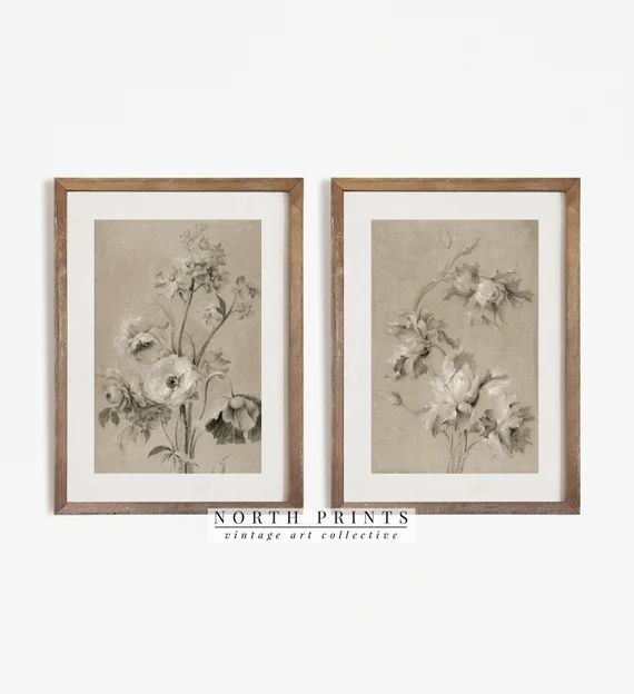 Antique Neutral Floral Print SET of Two  Vintage Muted Art  - Etsy | Etsy (US)