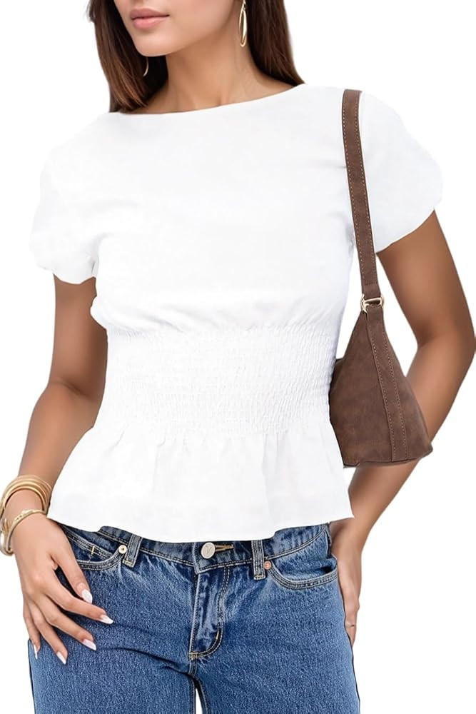 Women's Dressy Casual Boat Neck Puff Sleeve Business Top - Summer Peplum Office Blouse | Amazon (US)