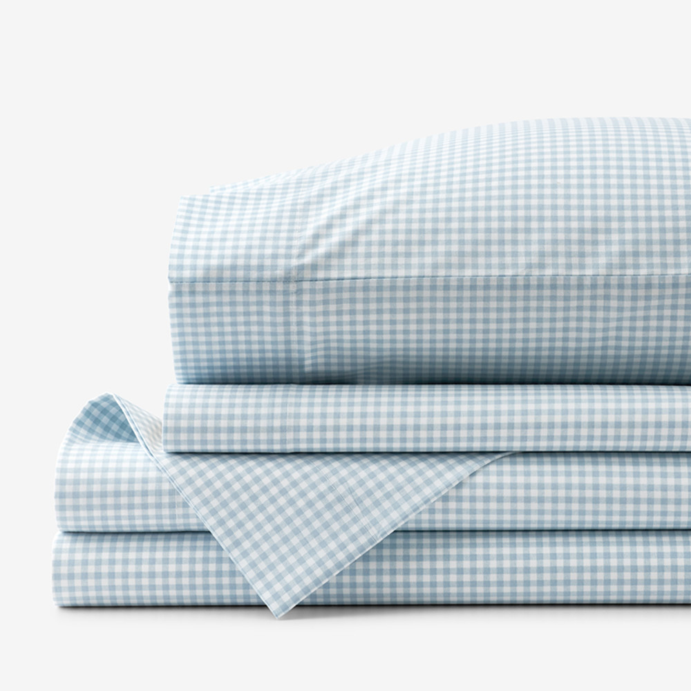 Ditsy Gingham Classic Cool Organic Cotton Percale Bed Sheet Set - Blue, Twin XL | The Company Store