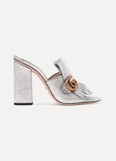 Gucci - Marmont Fringed Metallic Cracked-leather Mules - Silver | NET-A-PORTER (US)