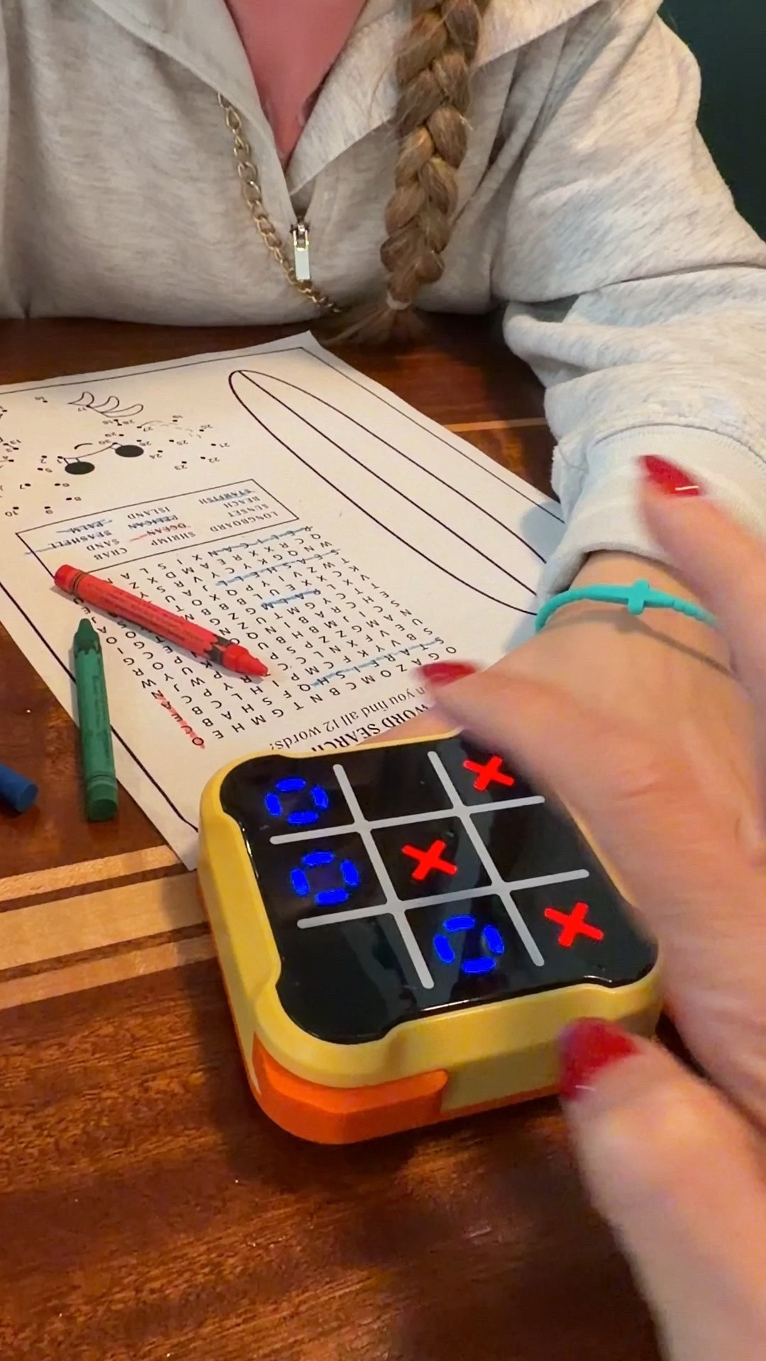 We leave this tic tac toe game in the car so we can pull it out when we go out to eat as a family 