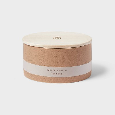 3 Wick Matte Textured Ceramic Wooden Wick White Sage Thyme Candle Brown 14oz - Threshold™: Soy Wax Blend, 48hr Burn Time | Target