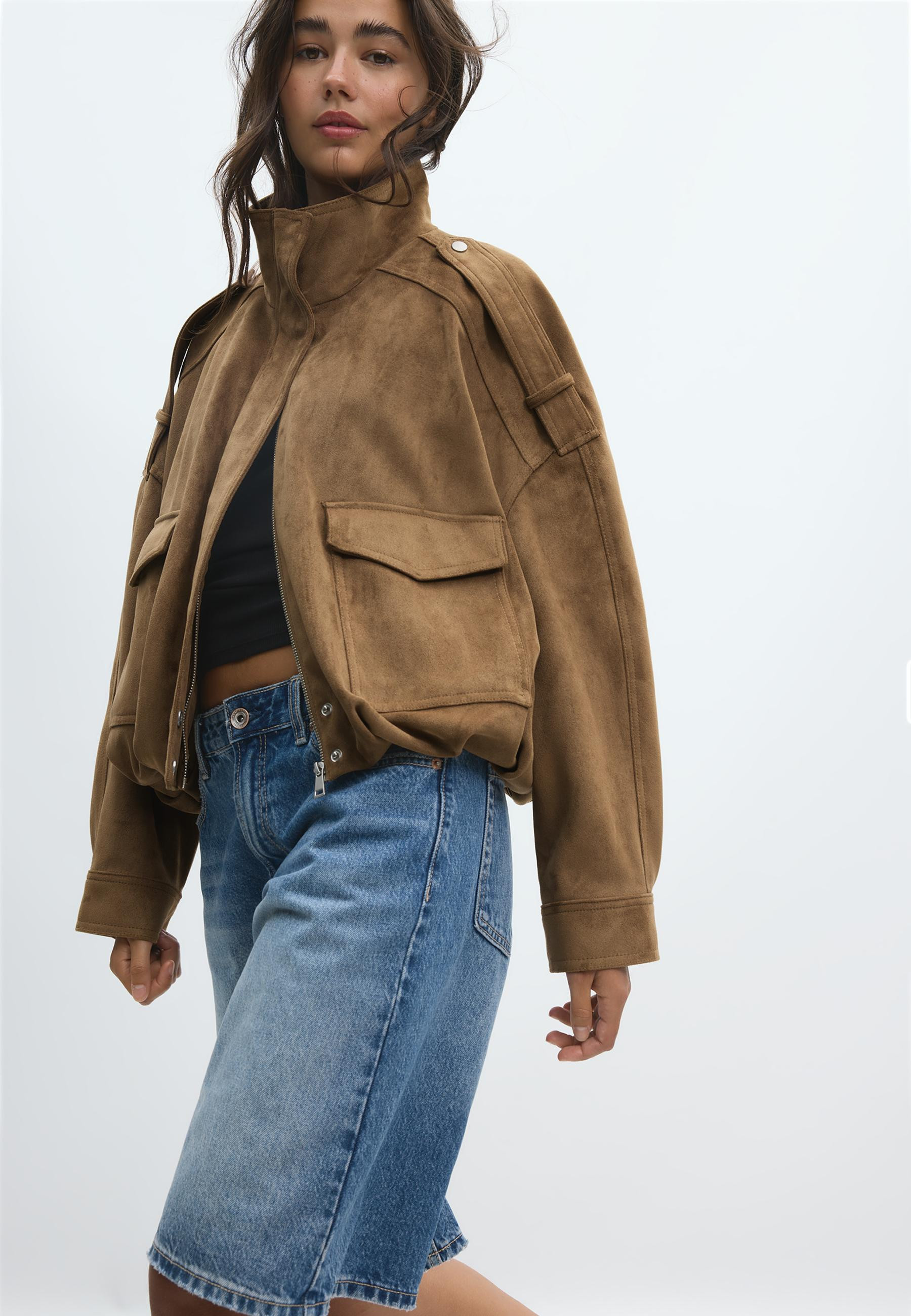 Stradivarius Oversize faux suede jacket  Stone XL | Stradivarius (UK)