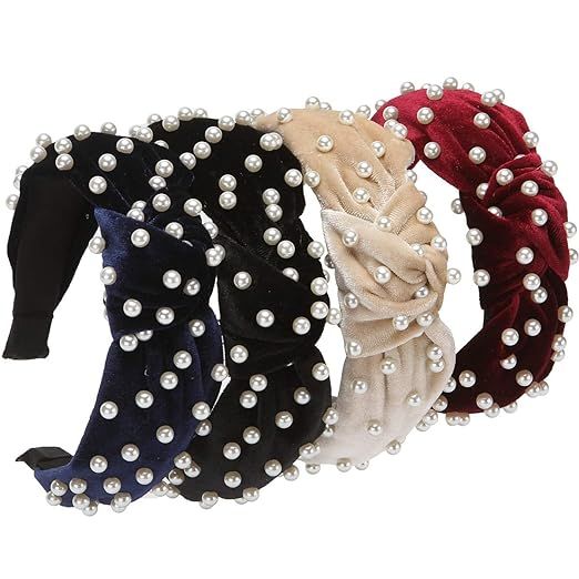 LONEEDY 4 Pack Velvet Wide Headbands With Faux Pearl, Twisted Knot Turban Hairbands Fashion Hair ... | Amazon (US)