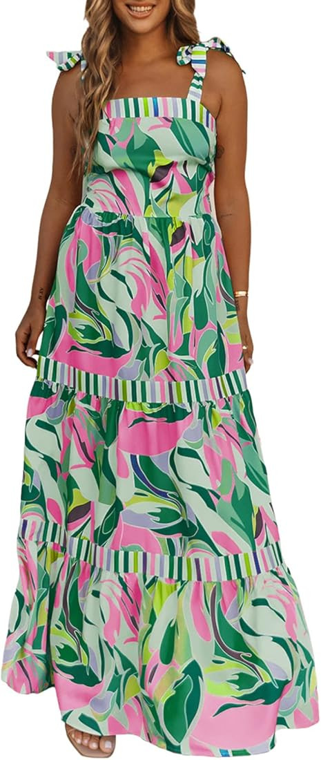 AlvaQ Women's 2023 Summer Sleeveless Floral Print Maxi Dress Strap Square Neck Beach Sun Dress | Amazon (US)