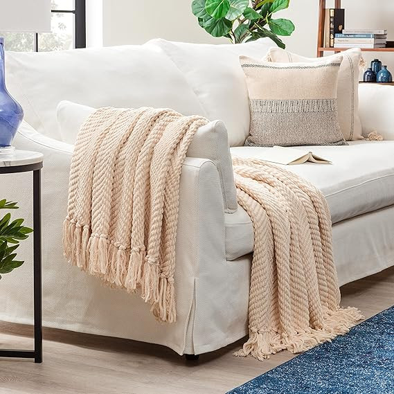 Amazon.com: Chanasya Textured Knitted Super Soft Throw Blanket with Tassels - Warm Fluffy Cozy Pl... | Amazon (US)