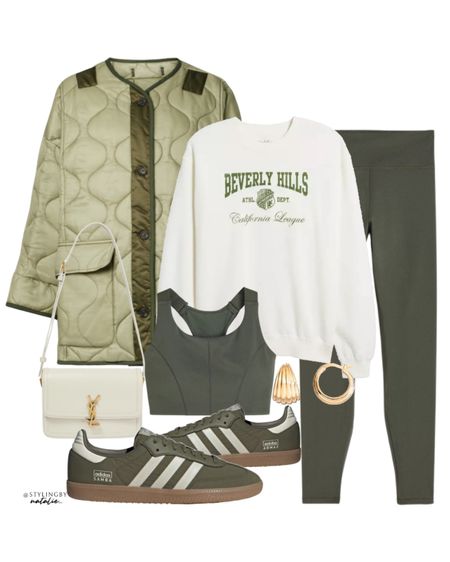 Khaki athleisure wear outfit- green quilted jacket, green leggings, sports crop top, graphic sweater, adidas samba trainers & Saint Laurent solferino bag.
Winter outfit, everyday outfit, casual outfit.

#LTKstyletip #LTKfitness #LTKmidsize