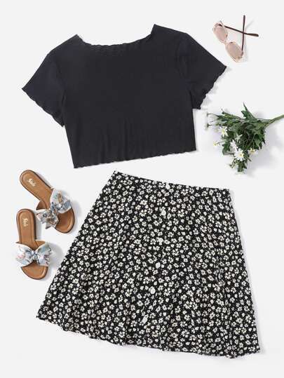 SHEIN Plus Lettuce Trim Tee & Ditsy Floral Print Skirt | SHEIN