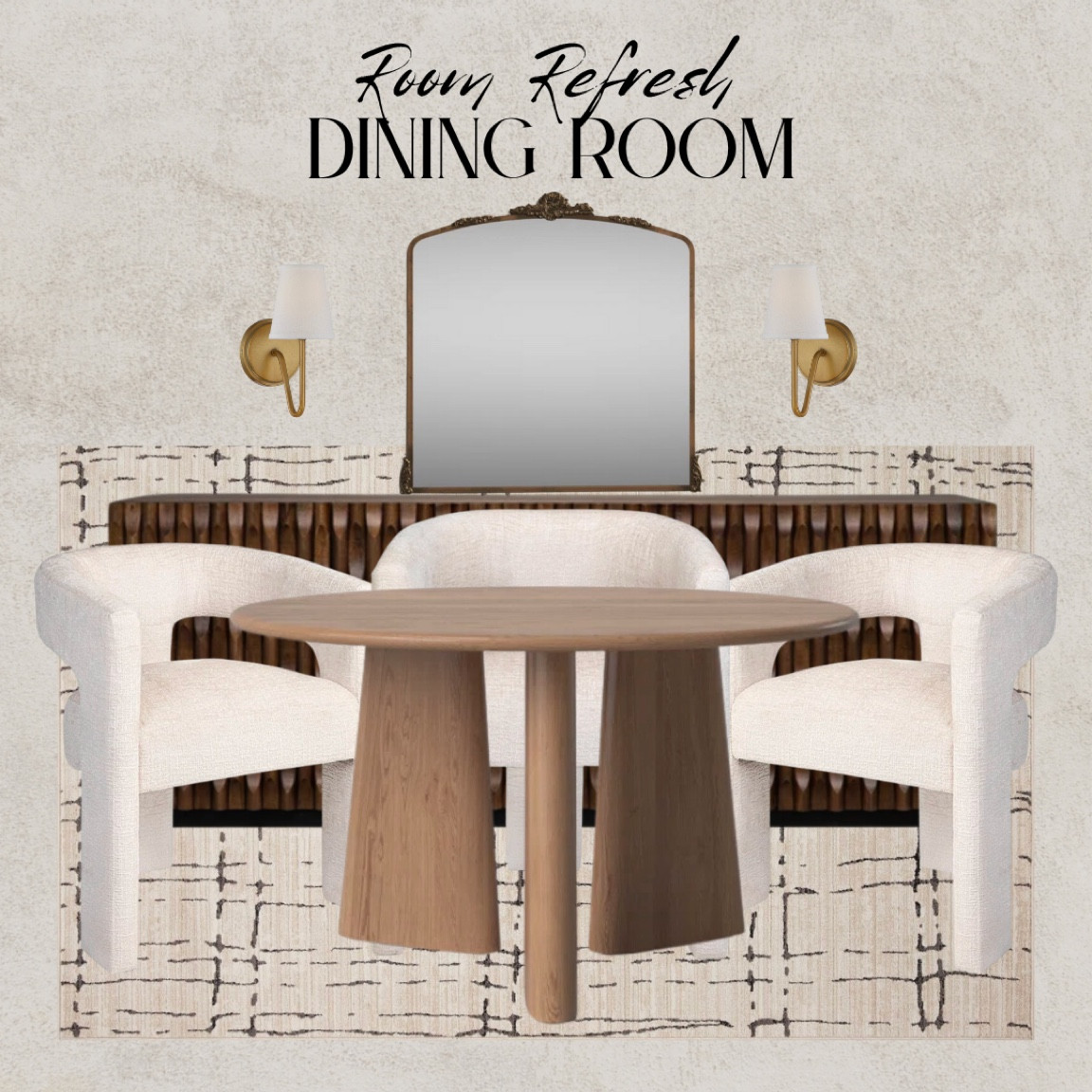 Dining room refresh from Wayfair and Rugs direct! Upholstered dining chair, wood oak round dining table, wood textured sideboard, ornate gold mirror, gold brass wall sconce, taupe beige rug #wayfair #wayfairfinds #wayfairsale #ltkseasonal

#LTKhome #LTKFind #LTKSale