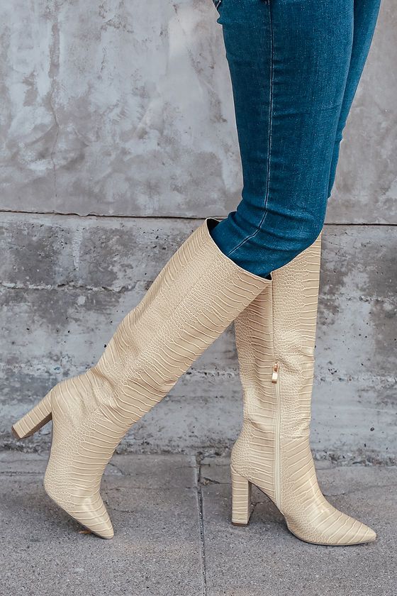 Shaun Beige Crocodile-Embossed Pointed-Toe Knee High Boots | Lulus (US)