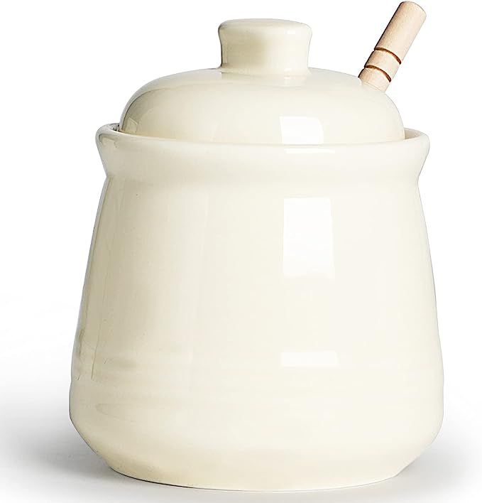 LEETOYI Porcelain Honey Jar with Lid and Honey Dipper,Ceramic Honey pot,12oz (Beige) | Amazon (US)