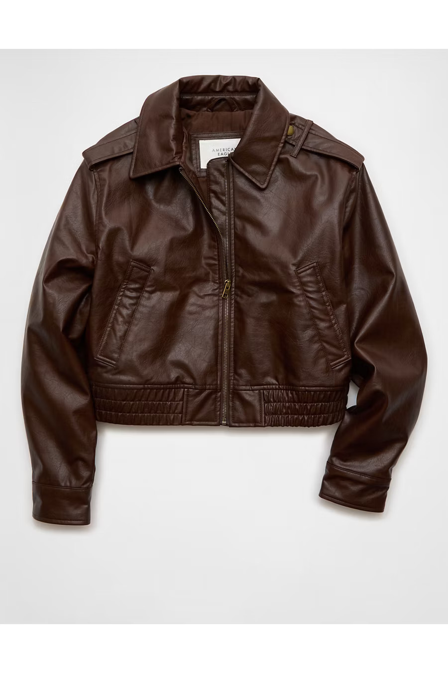 AE Cropped Faux Leather Bomber Jacket Women's Brown XS | American Eagle Outfitters (US & CA)