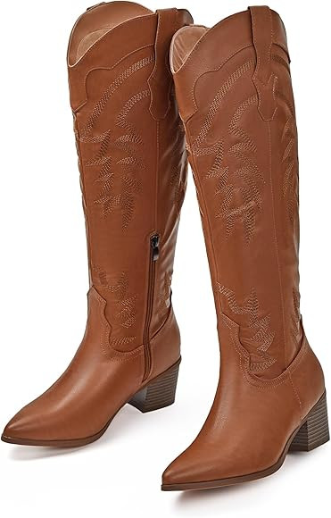 Coutgo Womens Cowgirl Boots Western Knee High Tall Boots Embroidered Chunky Heel Pointed Toe Zipp... | Amazon (US)