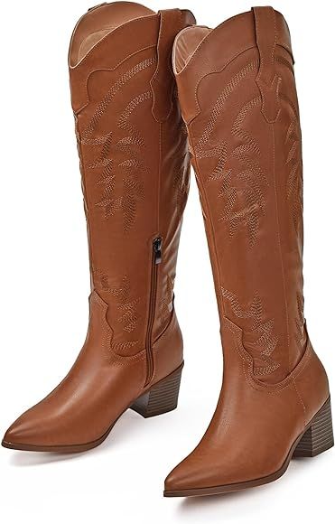 Coutgo Womens Cowgirl Boots Western Knee High Tall Boots Embroidered Chunky Heel Pointed Toe Zipp... | Amazon (US)