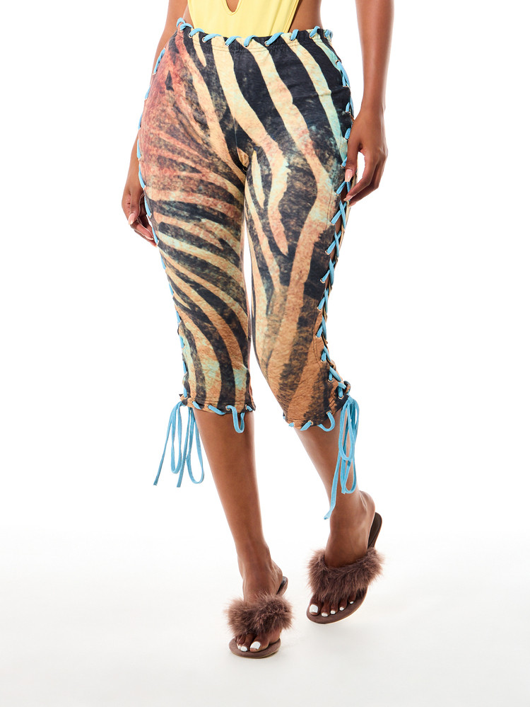 SUMWON WOMEN Cropped Capri Leggings With Tiger Print Side Lace-Up Detail And Turquoise Eyelet Tri... | SHEIN