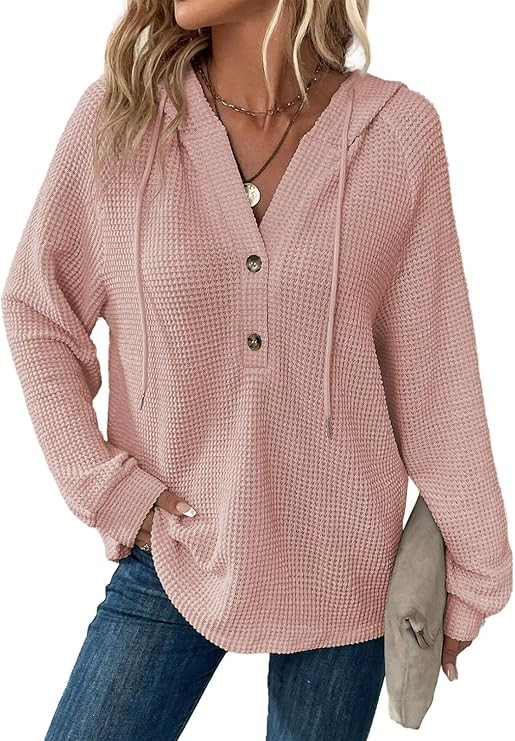 Dokotoo Hoodies for Women Waffle Knit Long Sleeve Drawstring Button V Neck Casual Pullover Sweats... | Amazon (US)
