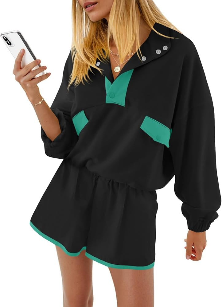 Fisoew Womens 2 Piece Outfits Sweatsuits Casual Snap Color Block Sweatshirts Running Shorts Sets ... | Amazon (US)