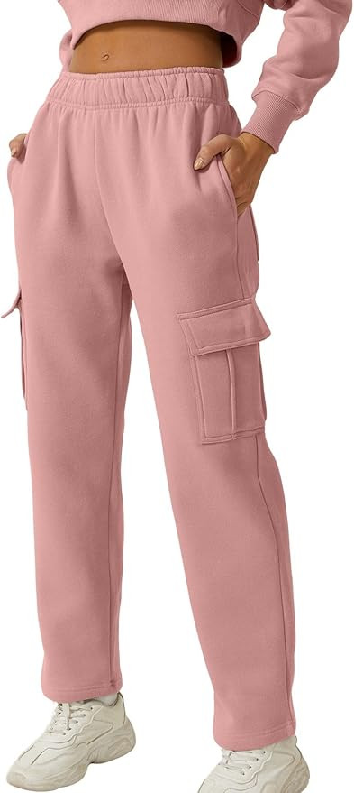 QINSEN Womens Medium Waist Baggy Elastic Waist Sweatpants Casual Fleece Long Pants with Pockets | Amazon (US)