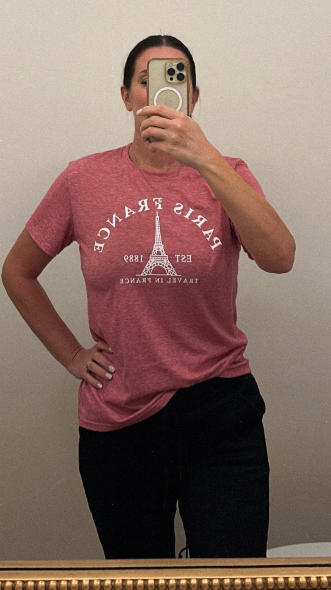 Comfortable stylish  and good quality Paris shirt 👚I have in 2 colors pink and grey 👌🏻
	“This shirt looks really cute with a jacket"