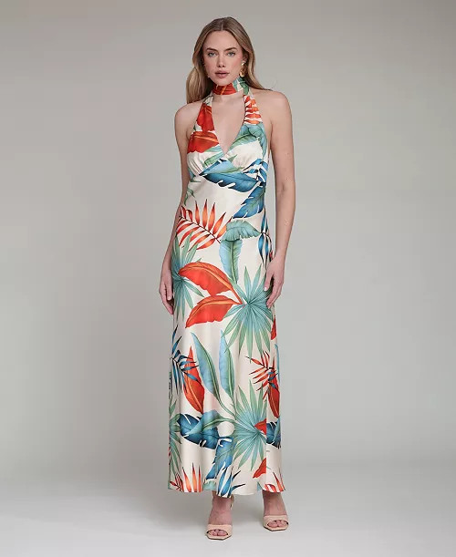 Women's Printed Halter Scarf-Tie Maxi Dress | Macy's