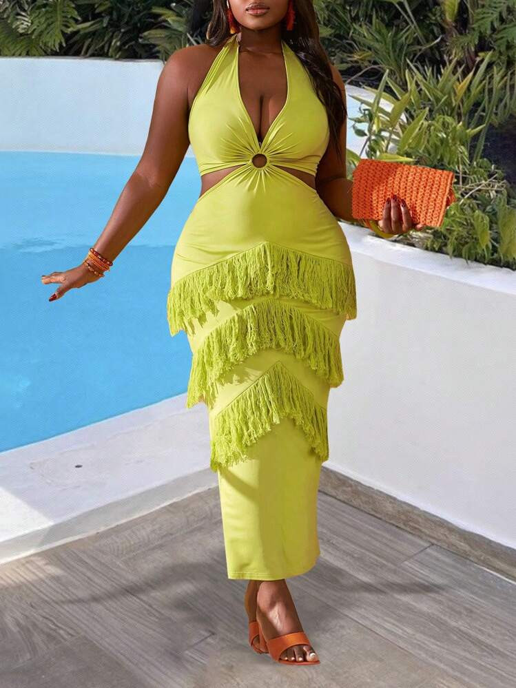 Green Fringe Dress  | SHEIN