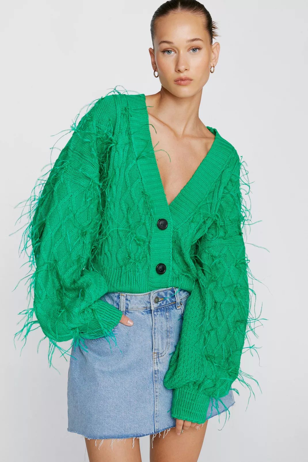 Premium Cable Knit Faux Feather Cardigan | Nasty Gal (US)