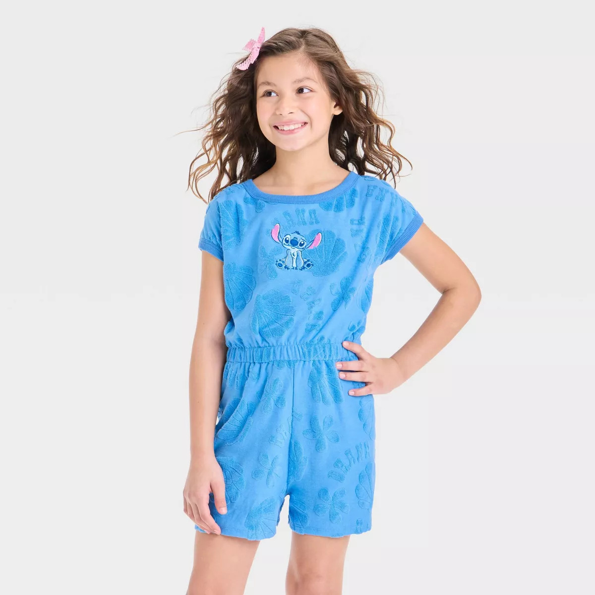 Girls' Disney Stitch Embroidered Terry Short Sleeve Romper - Blue | Target