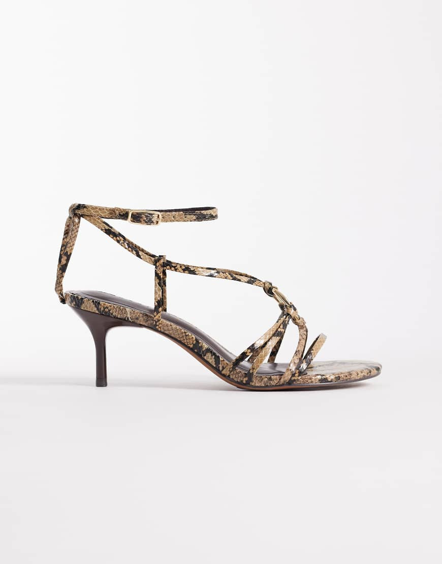 ASOS DESIGN Hideaway ring detail strappy kitten heeled sandals in tan snake-Brown | ASOS (Global)