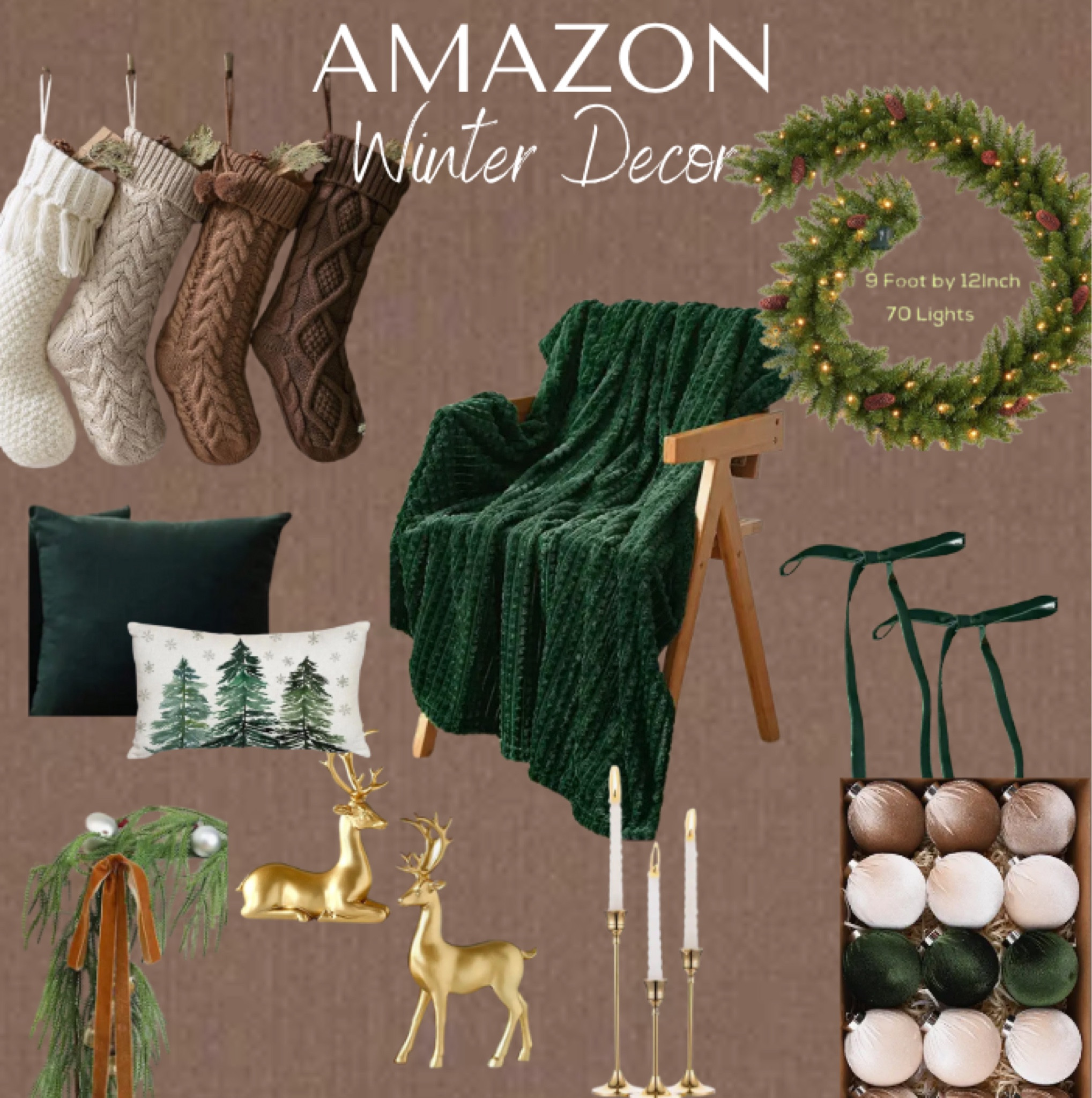 Green winter decor: blanket, garland, stocking, ribbons, Christmas pillows, ornaments, Christmas decor, candle sticks 

#LTKHoliday #LTKHome #LTKStyleTip