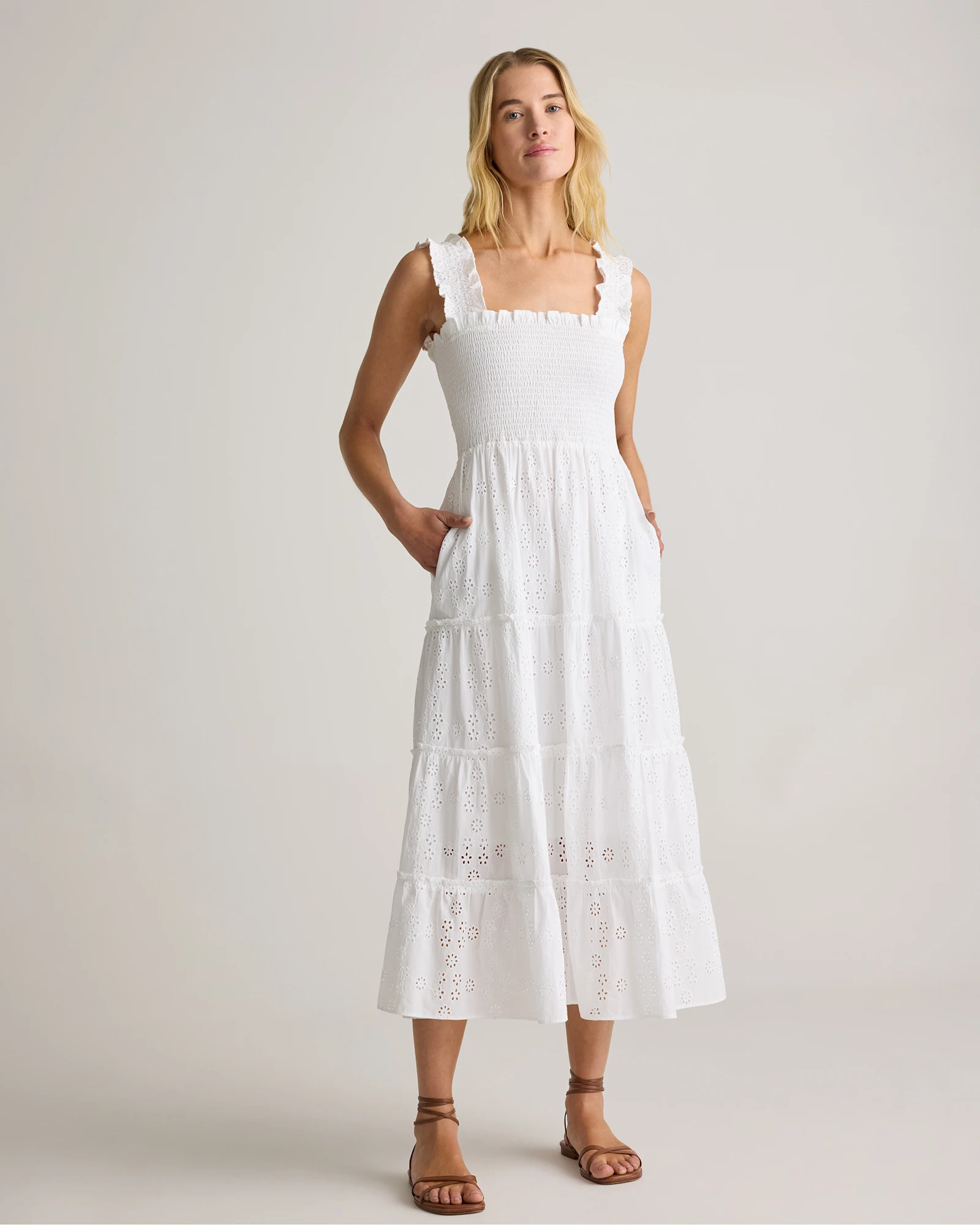 100% Organic Cotton Eyelet Smocked Midi Dress | Quince