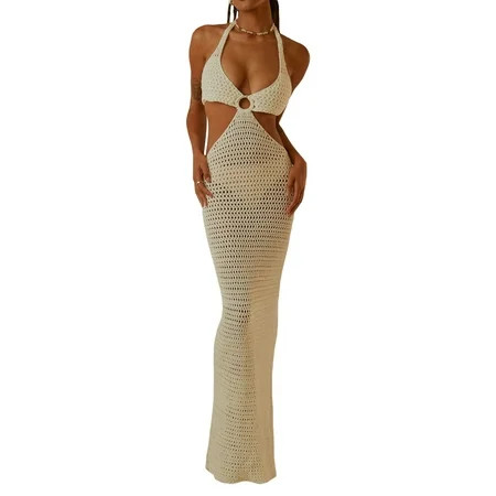 PDYLZWZY Women Summer Long Beach Dress Party Vacation Hollow Out Sleeveless Deep V Halter Neck Knit  | Walmart (US)
