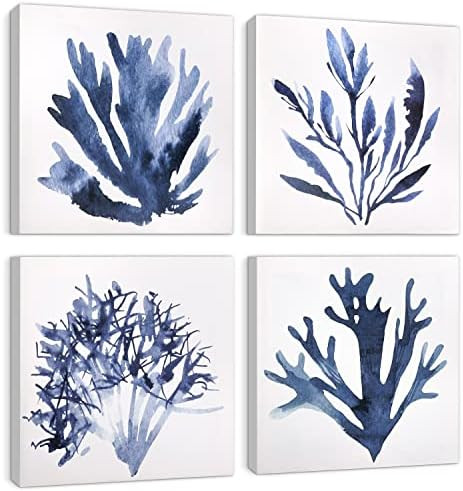 ArtbyHannah Blue Bathroom Wall Art, Beach Canvas Wall Art Decor with Coastal Ocean Coral Prints, ... | Amazon (US)