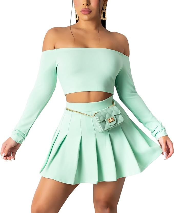 acelyn 2 Piece Skater Skirt Sets for Women Long Sleeve Off Shoulder/Sleeveless Tank Crop Top and ... | Amazon (US)
