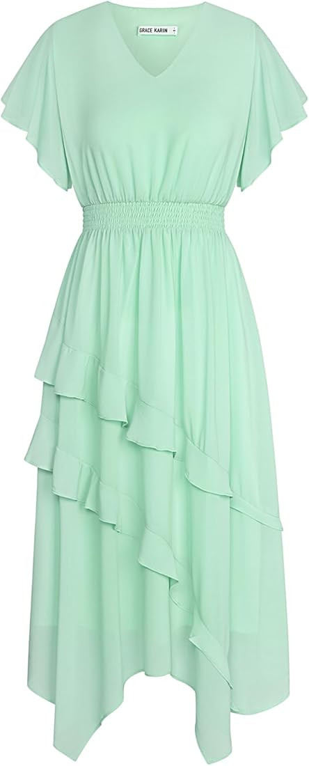 GRACE KARIN Women's Casual Summer V Neck Flutter Ruffle Short Sleeve 2025 Empire High Waist Flowy... | Amazon (US)