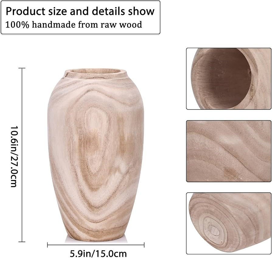 10.6" Tall Matt Handmade Wooden Vase for Decor, Wide Mouth Wood Floor Vases Decorative Tall, Roun... | Amazon (US)