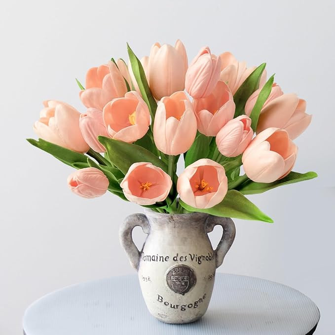 20 Pcs 13" Real Touch Tulips Artificial Flowers Champagne Pink Tulips Wedding Bouquet with Stem f... | Amazon (US)