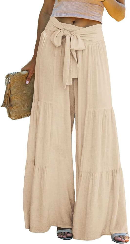 Lafural Women Summer High Waisted Cotton Linen Flare Palazzo Pants Beach Pant Long Bell Bottom Lo... | Amazon (US)