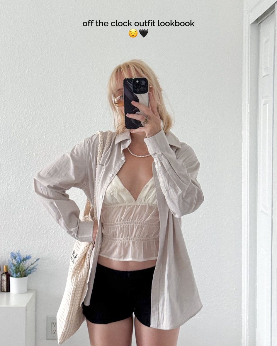 hiii! here’s a cute outfit idea for your next day off! it’s giving: i’m headed anywhere besides work 😌 if you want to recreate this outfit, all you need is a cute cami top, some comfortable shorts, & a button down shirt! then just add some cute sandals and any accessories you’d like! i went with gold frame sunglasses, a gold watch, a pearl necklace, & a crochet tote bag :)

#LTKootd #LTKTravel #LTKSwim