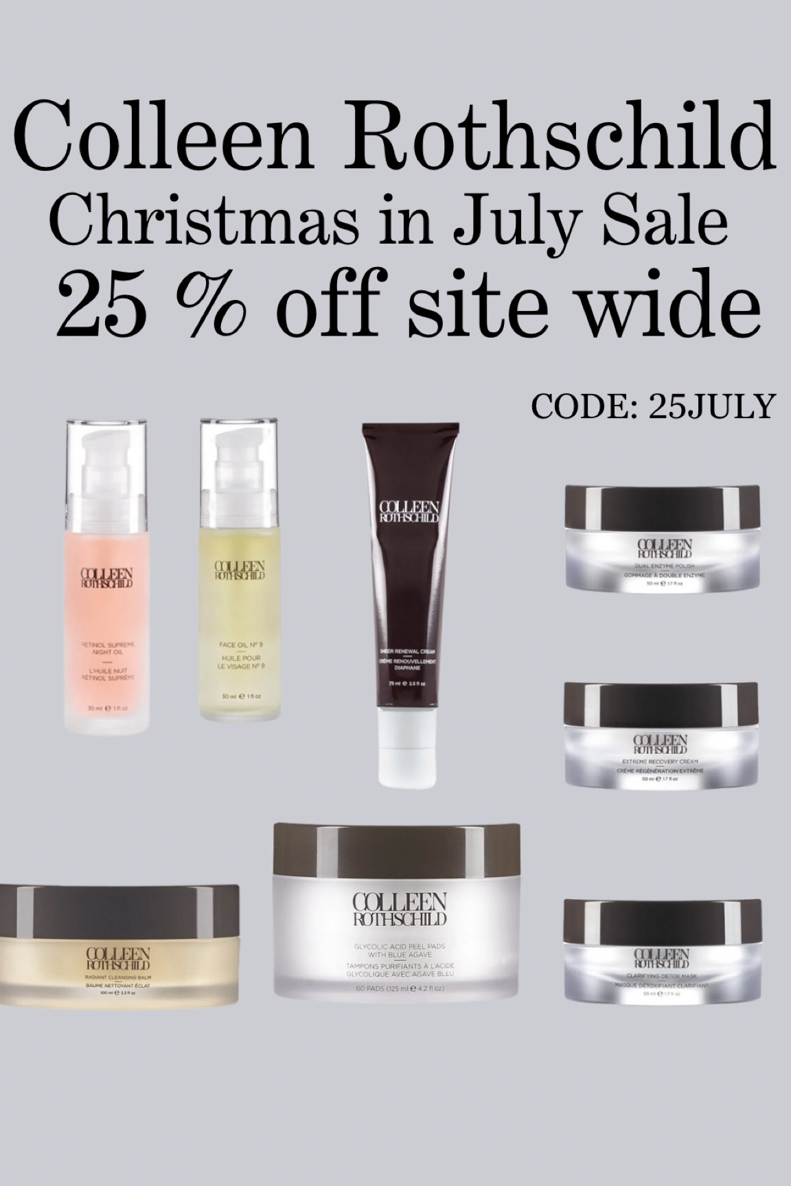 One of my favorite skincare brands is having a major sale! 25 % off sitewide of all Colleen rothschild products! Use code - 25JULY

#LTKunder100 #LTKsalealert #LTKbeauty