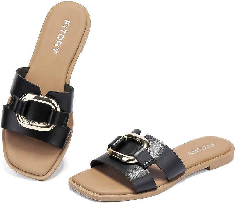 FITORY Women's Flat Sandals Fashion Slides With Soft Leather Slippers for Summer Size 6-11 | Amazon (US)
