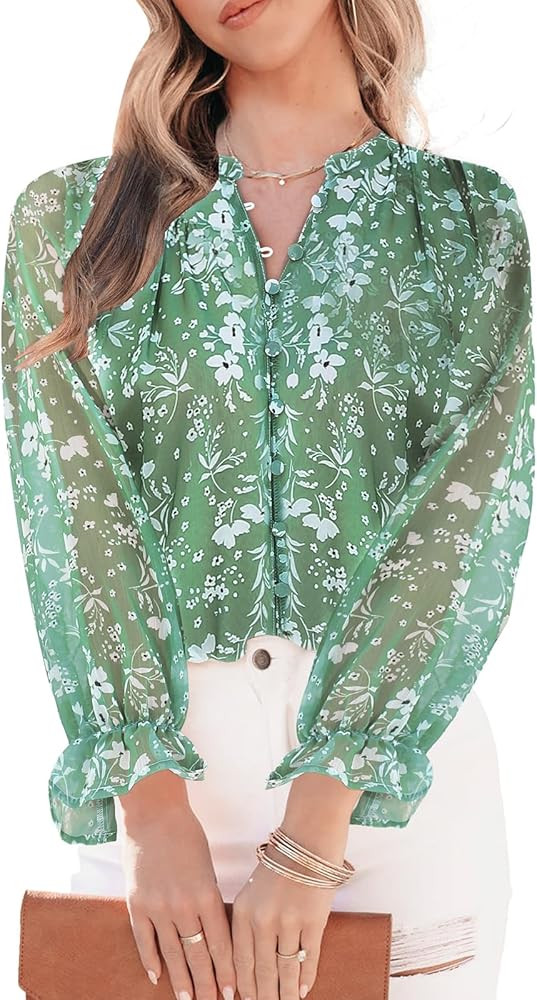 Womens Casual Boho Floral Print V Neck Long Sleeve Blouses Button Down Shirts Dressy Chiffon Loos... | Amazon (US)