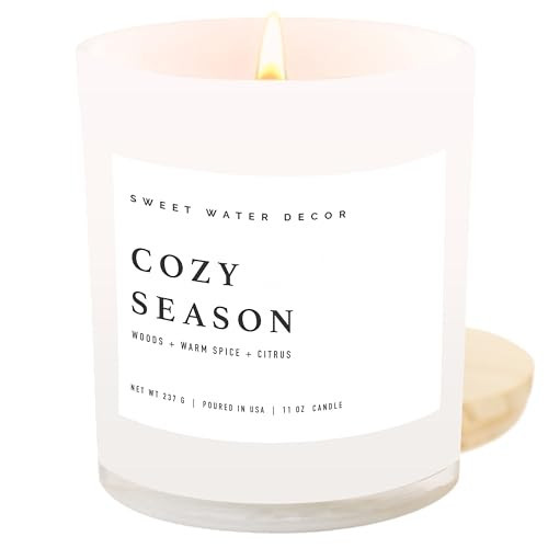 Sweet Water Decor Cozy Season Soy Candles - Fall Candles with Woods, Warm Spice, and Citrus Scent for Home Decor - Soy Candle with 50 Hours Burn Time - 11Oz Wood Lid White Jar Candles Fall Scents | Amazon (US)