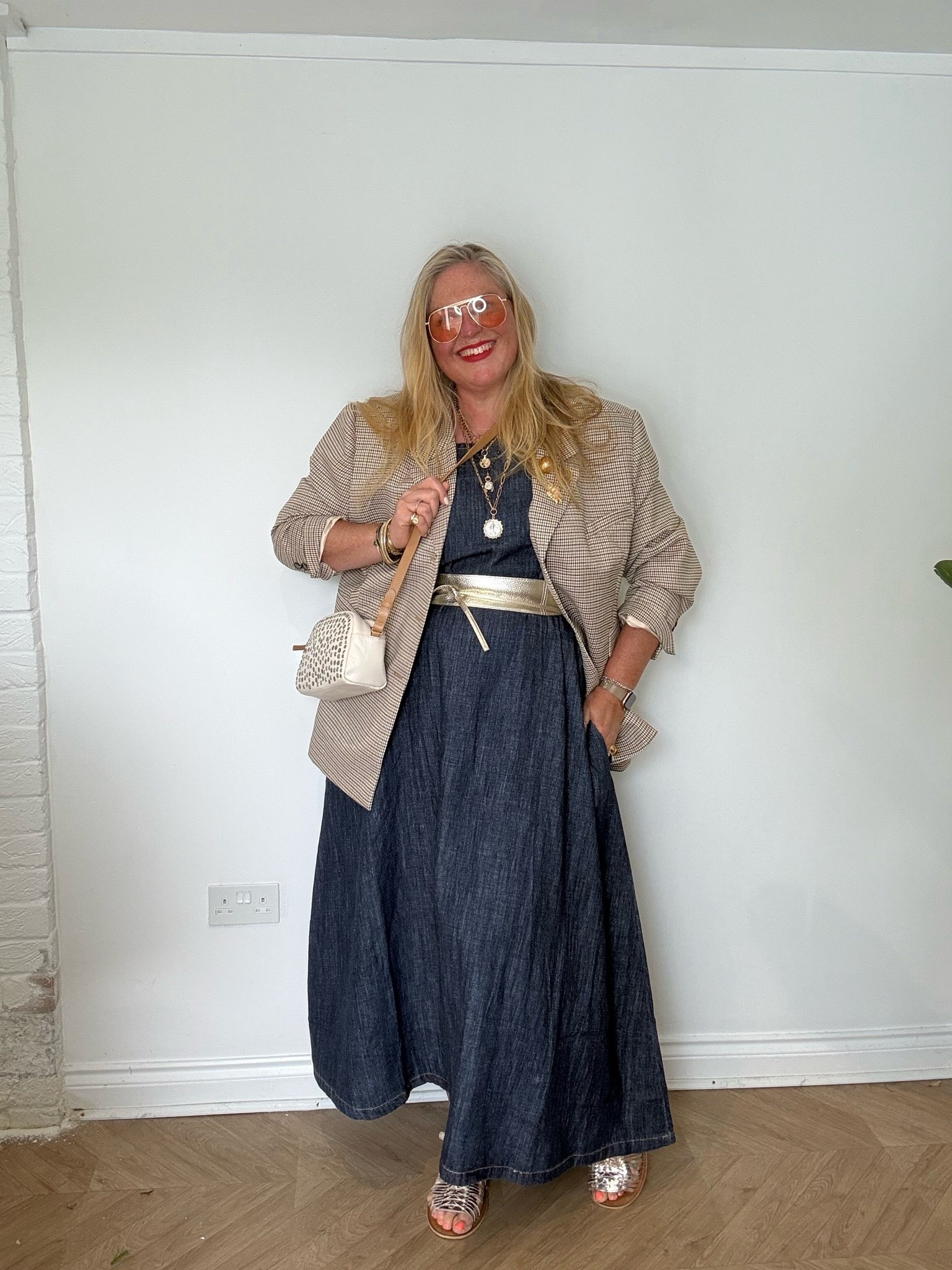 Denim maxi dress, checked blazer, gold belt, gold sunglasses, studded cream bag, gold sandals

#LTKspring #LTKsummer #LTKplussize