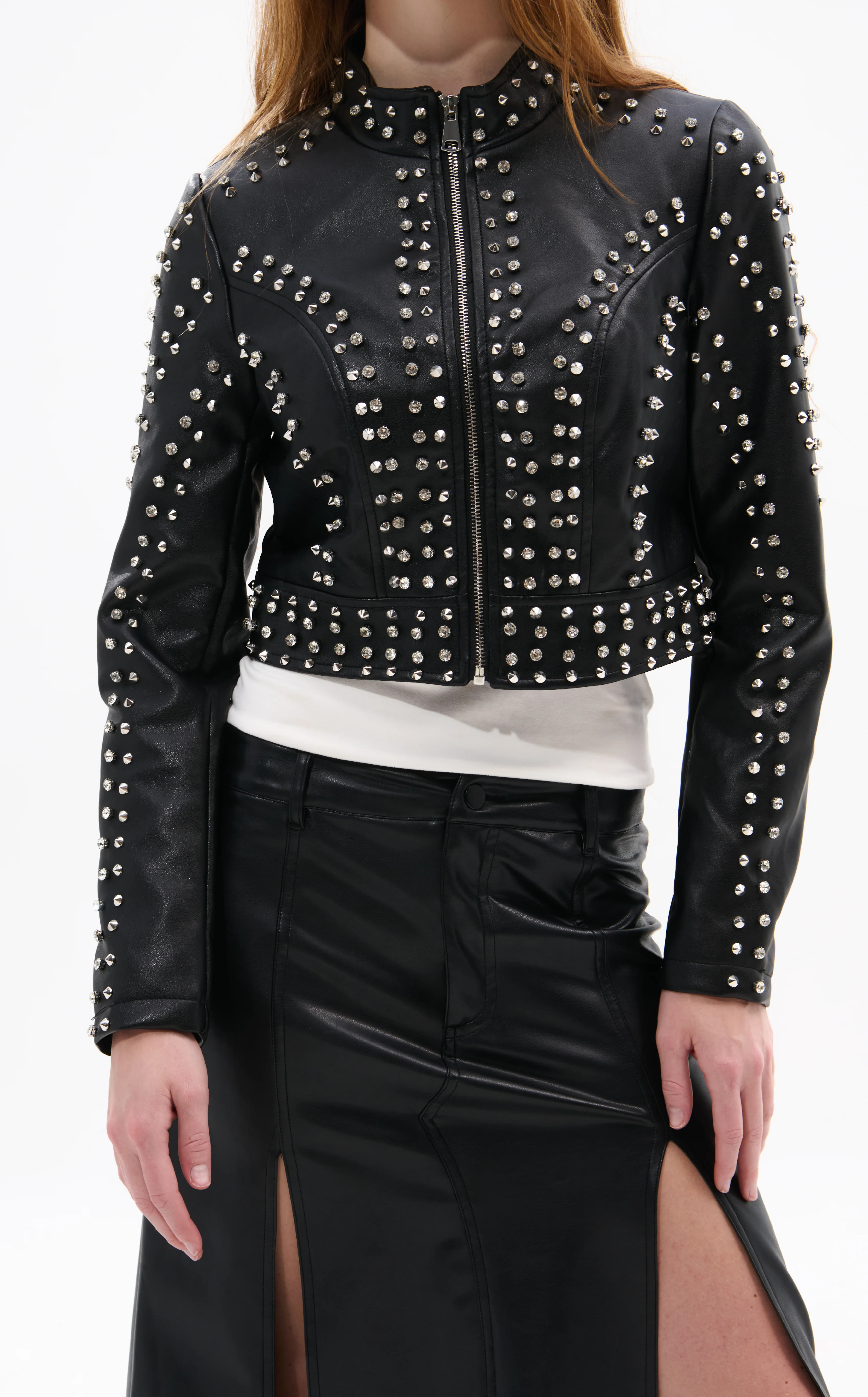 SILVIA-NEW-BLK CRYSTAL MOTO JACKET | Azalea Wang
