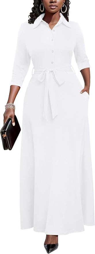 Runwind Women Church Maxi Dresses 3/4 Sleeve Button Down Print Casual Office Dress African | Amazon (US)