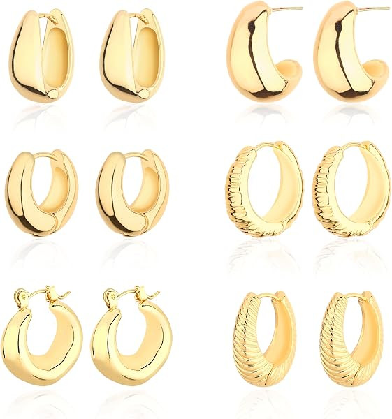6 Pairs Chunky Gold Hoop Earrings for Women, 14K Gold Plated Hoop Earrings Hypoallergenic, Thick ... | Amazon (US)