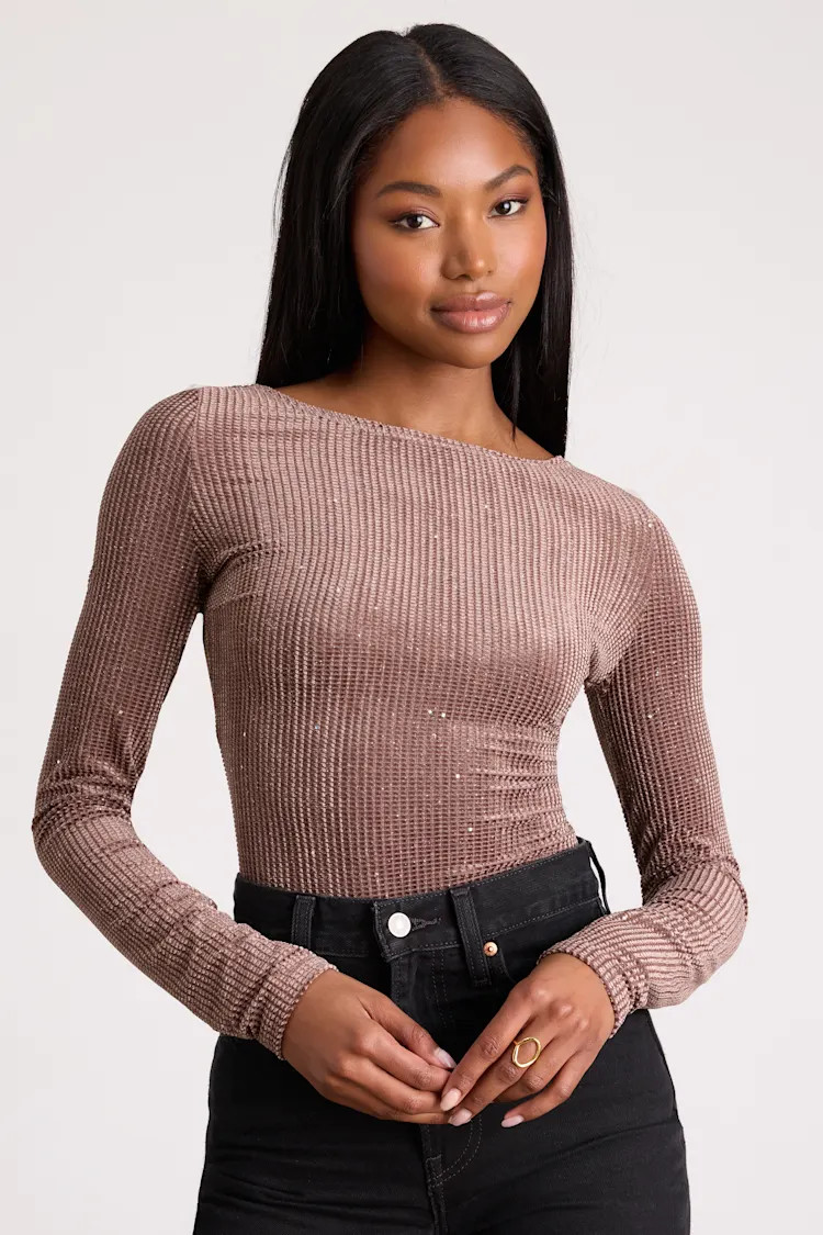 Gina Light Brown Shiny Velvet Long Sleeve Top | Lulus